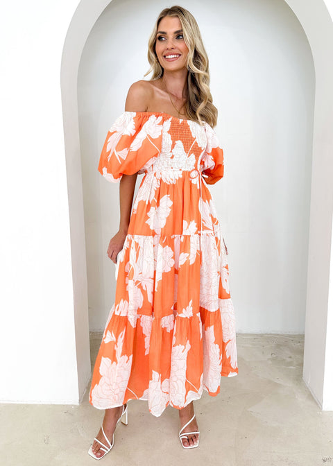 Elegant Floral-Print off-Shoulder Puff Sleeve Fashion Dress M300289