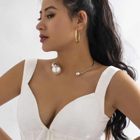 Gold pearl collar with open circular ring asymmetrical and minimalist fashion round bead necklace for women m3331192