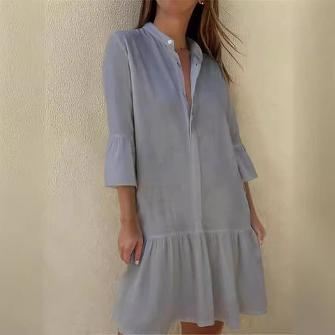 Stand-up collar button-down nine-quarter sleeve shirt cotton pleated hem dress m300679
