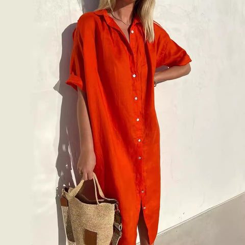 Elegant Casual Loose Short Sleeve Button Cotton and Linen Long Pocket Shirt Dress m301256