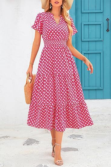V-Ausschnitt, Plissiert, bedrucktes Kurzarmkleid m300104 