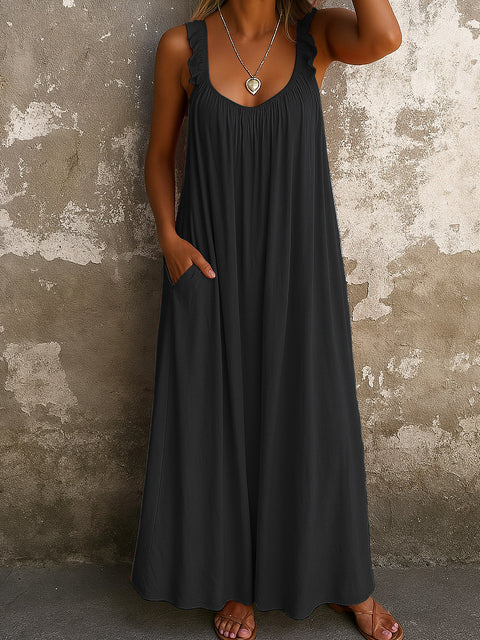 Casual suspender U-neck regular pleated multi-color women's dress m301443