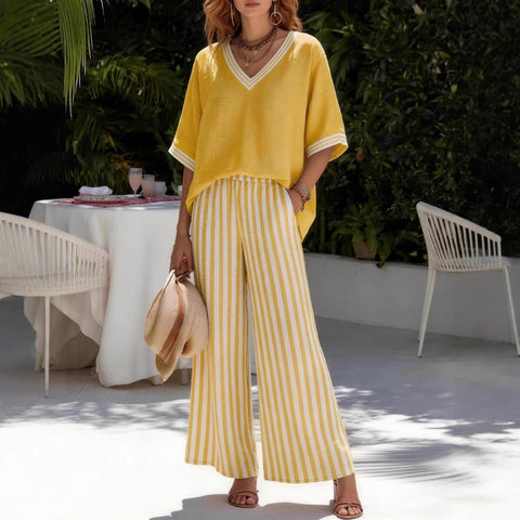 Women's casual striped comfortable loose V-neck two-piece set m302912