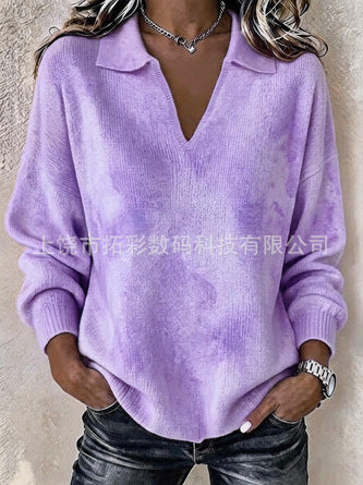 Digital Printed Women's Christmas Lapel Long Sleeve Solid Color Knitted Fleece Sweater FF303269