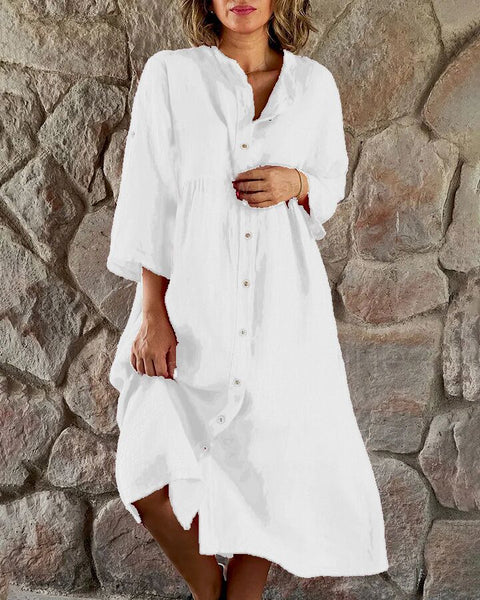 Cotton and linen solid color casual stand-up collar button long dress m301322