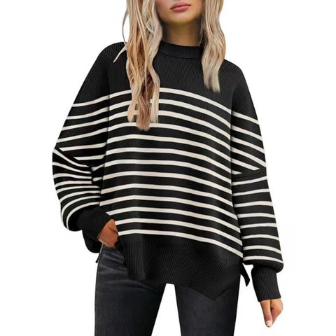 Crew neck bat wing long-sleeved sweater autumn knitted side slit jumper m301590