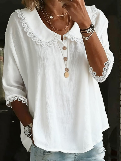 Women's casual loose fashion lapel lace solid color button-down shirt m302339