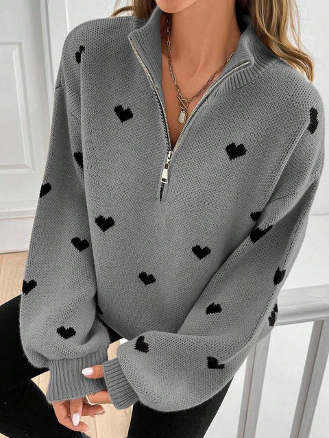 Foreign trade knitted long-sleeved love pattern zipper sweater FF303299