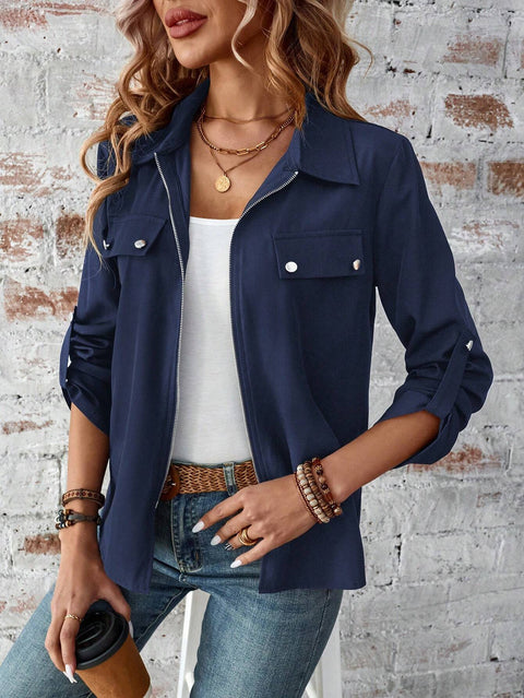 lapel zipper cardigan purse hat solid color long sleeve jacket m300675