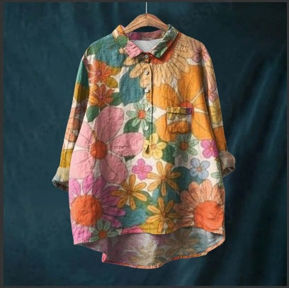 Long Sleeve Bamboo Linen Printing Fashion Versatile Lapel Shirt m301040