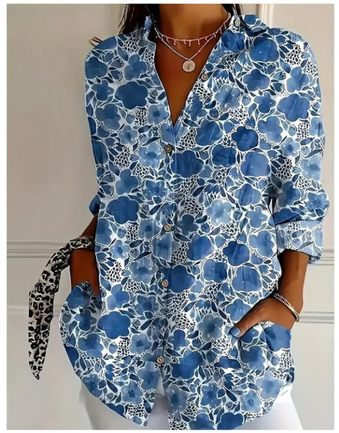 3D digital printing abstract pattern women's long-sleeved buckle linen shirt m302749-01
