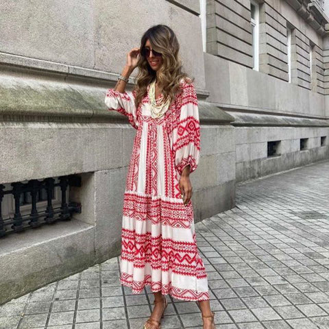Geometric print bubble sleeve dress street fried street skirt m300902