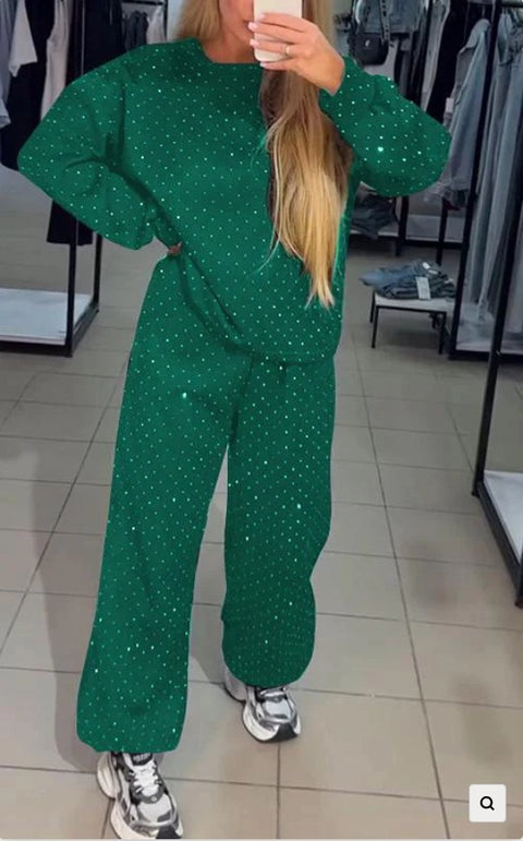 Women's casual round neck long sleeve full body hot diamond drawstring foot tie two-piece set m301499