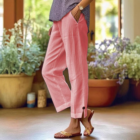 Women's cotton and linen loose solid color elastic waist pocket straight casual pants m301424