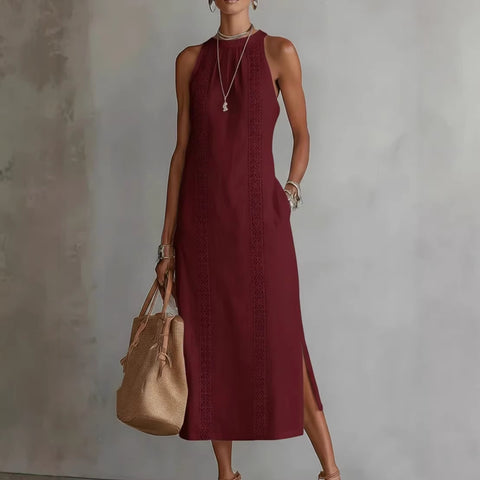 Women's clothing neck holiday solid color lace splicing sleeveless dress m302923