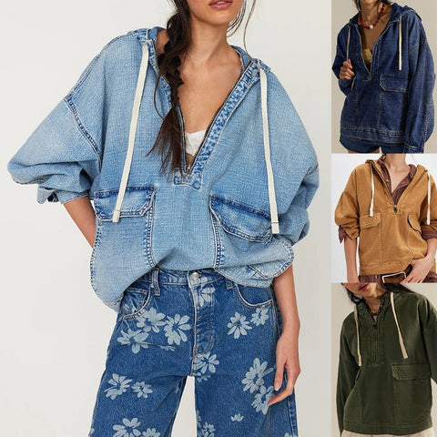 Fashion Loose Casual Wash Hooded Denim Long Sleeve Top m303253