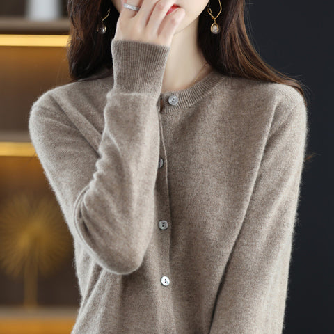 Knitted cardigan early spring crew neck sweater women's long-sleeved solid color versatile jacket women's m301748