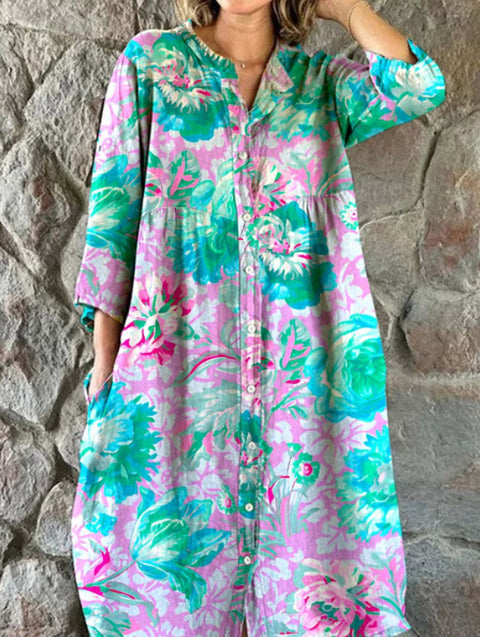 Women's Loose Crew Neck Fashion Premium Long Sleeve Printed Shirt Dress m301050