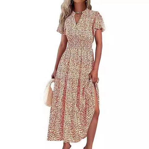 V-Ausschnitt, Plissiert, bedrucktes Kurzarmkleid m300104 