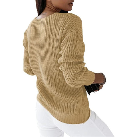 Sweater Women's Long Sleeve V-Neck Solid Color Twist Casual Knitted Pullover M300487