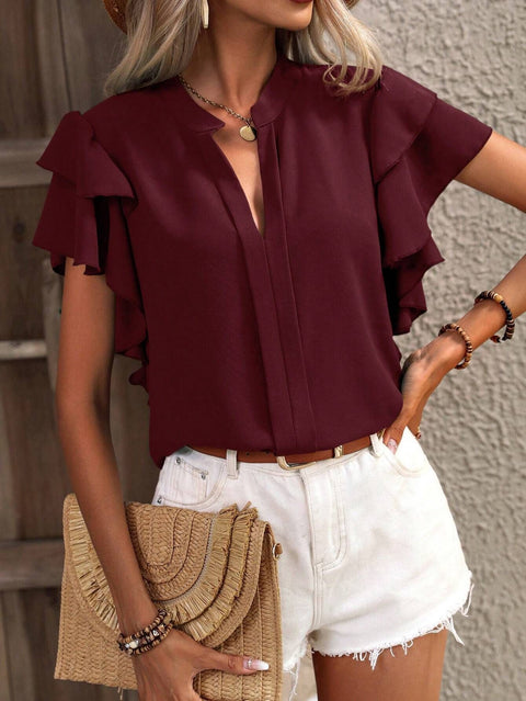 V-neck casual double-layer lotus leaf sleeve solid color shirt top m300883