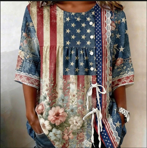 Color matching loose blouse five-button drawstring m302924