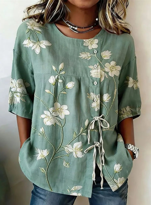 Color matching loose blouse five-button drawstring m302924