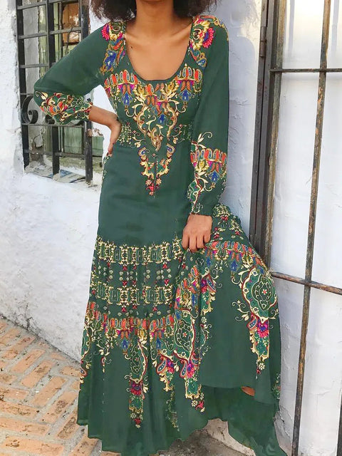 Temperament elegant long-sleeved dress autumn printing U-neck seaside vacation style long dress m300927