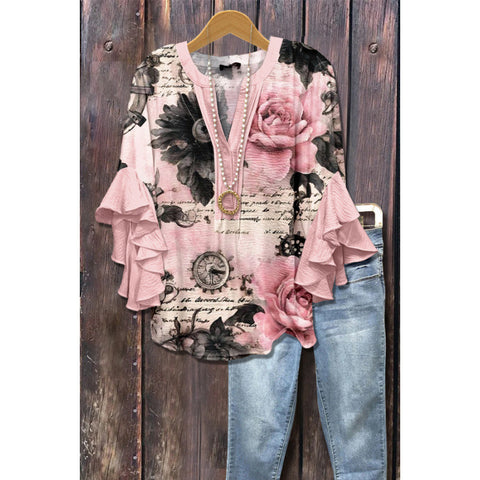 Floral element printing digital printing casual trend V-neck lotus edge T-shirt women's upper m302746