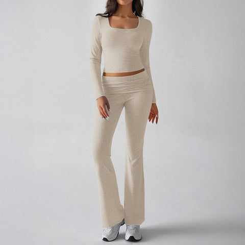 Solid color casual knitted long-sleeved top yoga suit two-piece pants set m301815