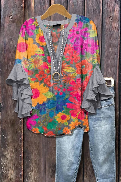 Kreativer Digitaldruck mit Blumenelementdruck, lässiger Trend, V-Ausschnitt, Lotuskante, T-Shirt m301358 