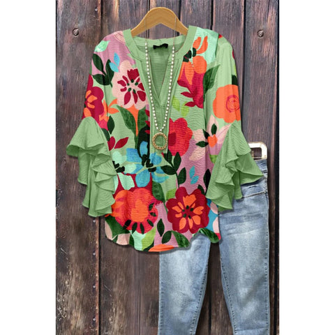 Floral element printing digital printing casual trend V-neck lotus edge T-shirt women's upper m302746