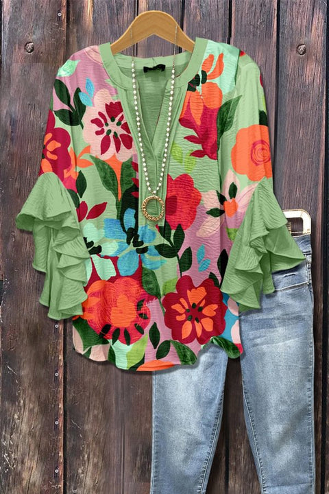 Kreativer Digitaldruck mit Blumenelementdruck, lässiger Trend, V-Ausschnitt, Lotuskante, T-Shirt m301358 