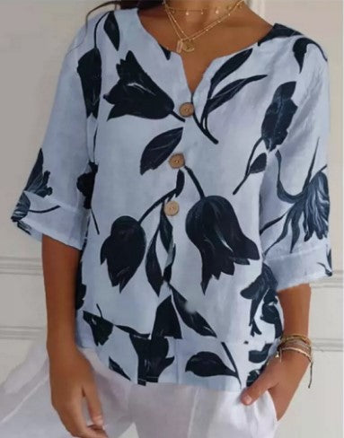Printed cotton and linen V-neck short sleeved pullover shirt m300056