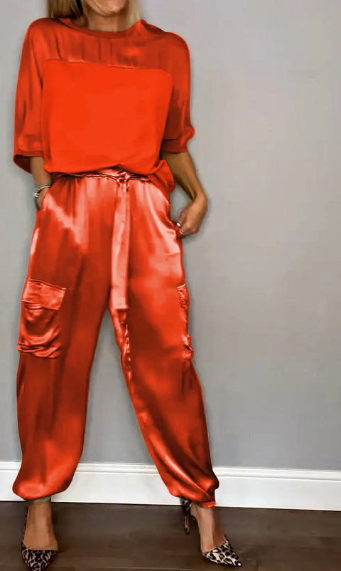 Women's smooth satin half-sleeved top and pants set two-piece set m301649