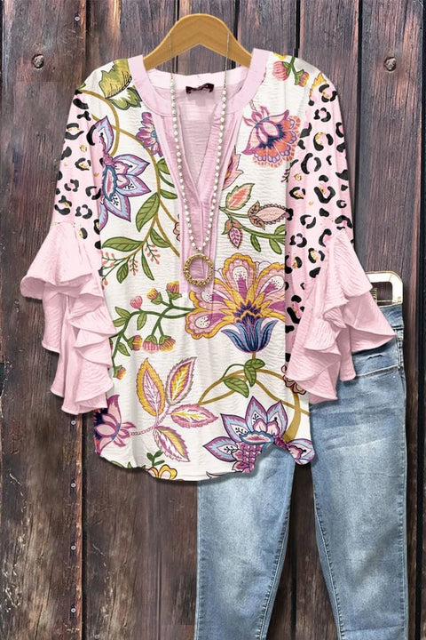 Kreativer Digitaldruck mit Blumenelementdruck, lässiger Trend, V-Ausschnitt, Lotuskante, T-Shirt m301358 