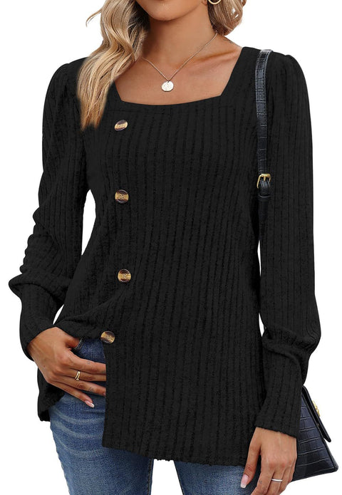Autumn and winter new buckle square neck long-sleeved solid color women's t-shirt m300546