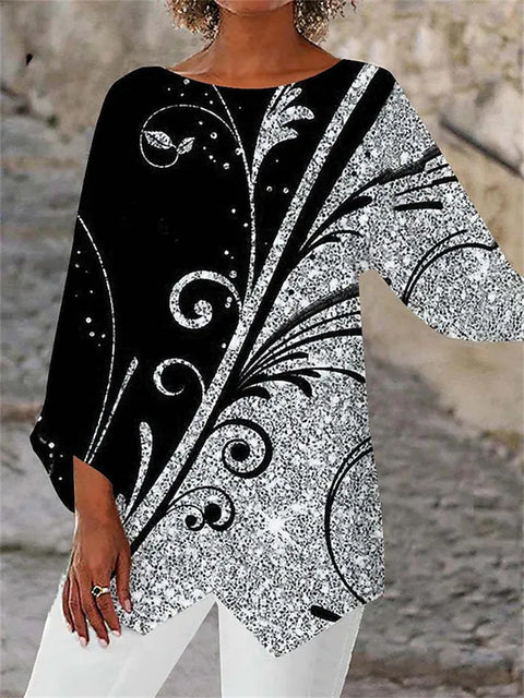 Geometric print long-sleeved splicing crew neck shirt m301290