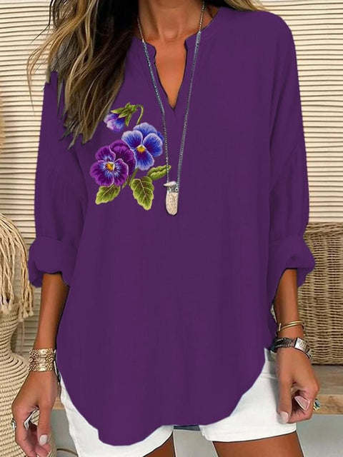 Loose 3D Printed V-Neck Shirt Long Sleeve T-Shirt m301360