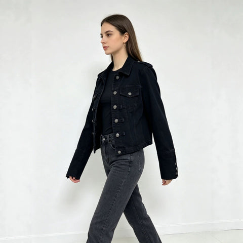 Stand-up collar black washed denim short jacket metal buckle shoulder badge slim fit fashion short women's jacket m303317
