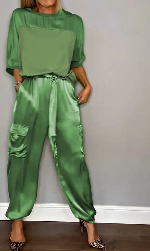 Women's smooth satin half-sleeved top and pants set two-piece set m301649