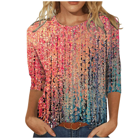 Women's Clothing round Neck 3/4 Sleeves Loose Print T-shirt M300227