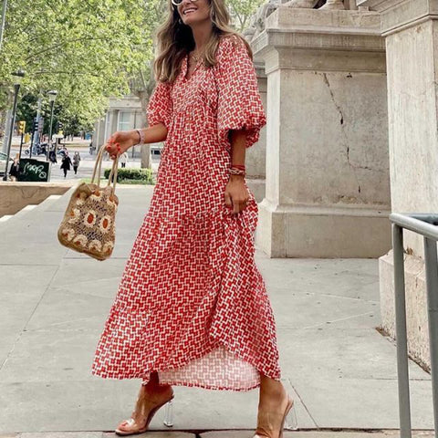 Geometric print bubble sleeve dress street fried street skirt m300902