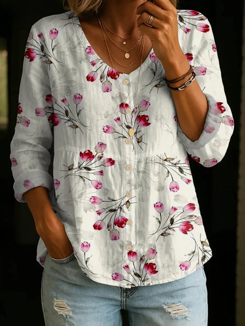 Crew Neck Women's Floral 3D Printed Women's Henley Shirt m302611