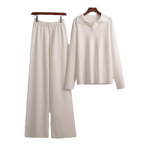 Knitted set European and American autumn and winter sweater set Polo neck knitted jumper + wide-leg trousers two-piece set m301788
