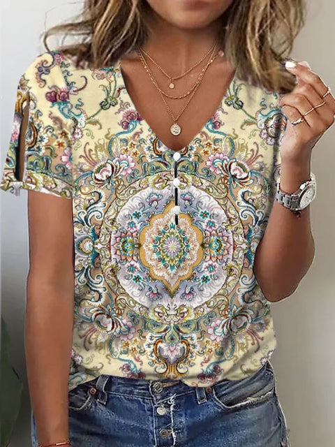 Ethnic style positioning printed short-sleeved top women's m302927
