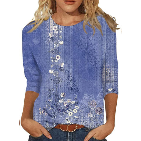 Seven-quarter sleeve plant flower 3D printing crew neck pullover m300615