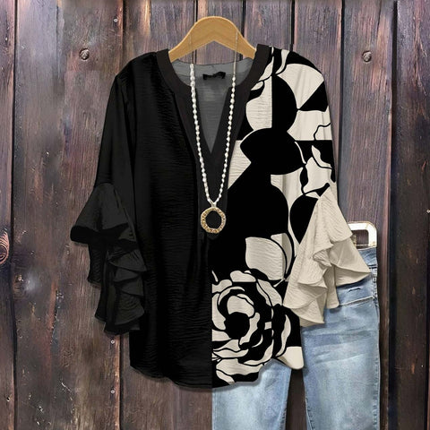 Creative floral element printing digital printing casual trend V-neck lotus edge T-shirt women's m301769