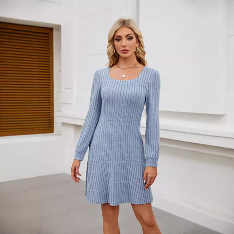 Square neck lantern sleeve doll pocket long sleeve dress m300921