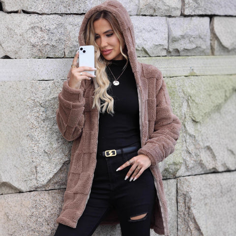 Autumn and winter new loose hooded long cardigan plush jacket m302062